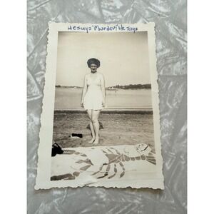 Vintage Beach Snapshot Woman Swimsuit Lobster Towel He Says Murder Deckle Edge